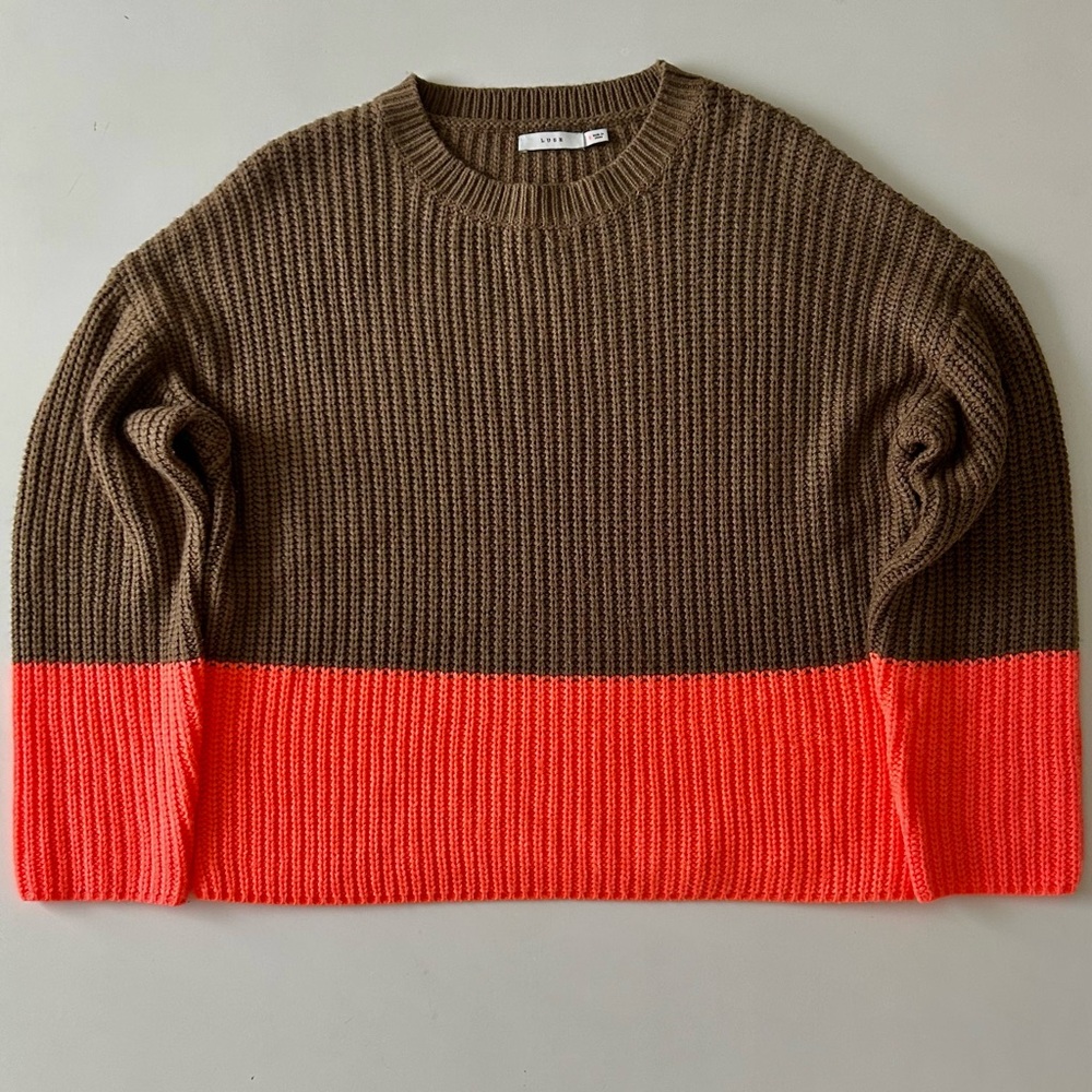 Lush Olive Brown Neon Salmon Colorblock Ribbed Knit Sweater Fall/Winter Size S